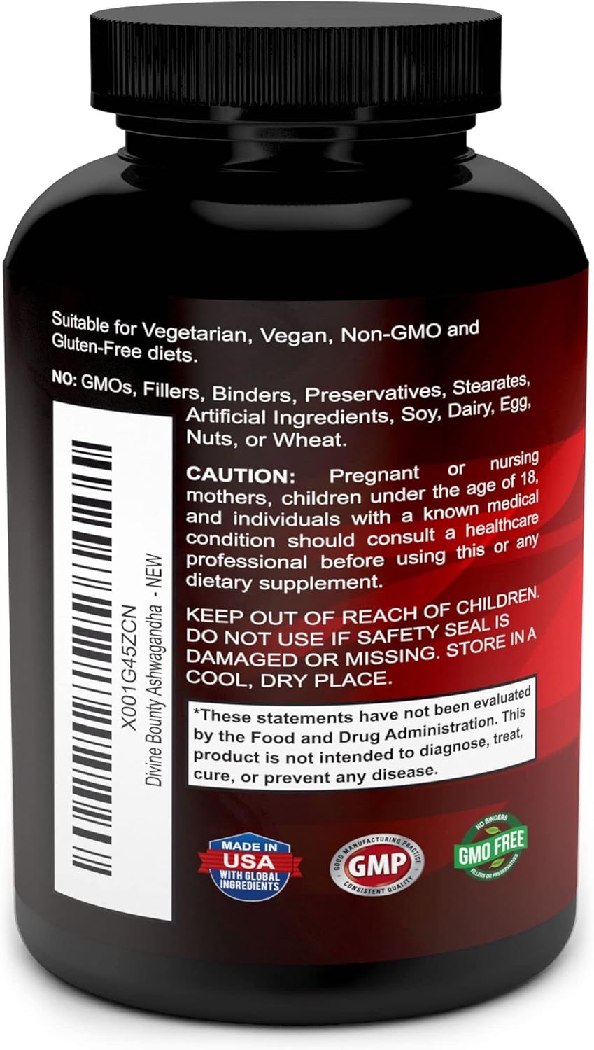 Organic Ashwagandha Capsules - 1200mg Powder with Black Pepper for Enhanced Absorption - Calmness & Mood Support - 90 Veggie Capsules by Divine Bounty