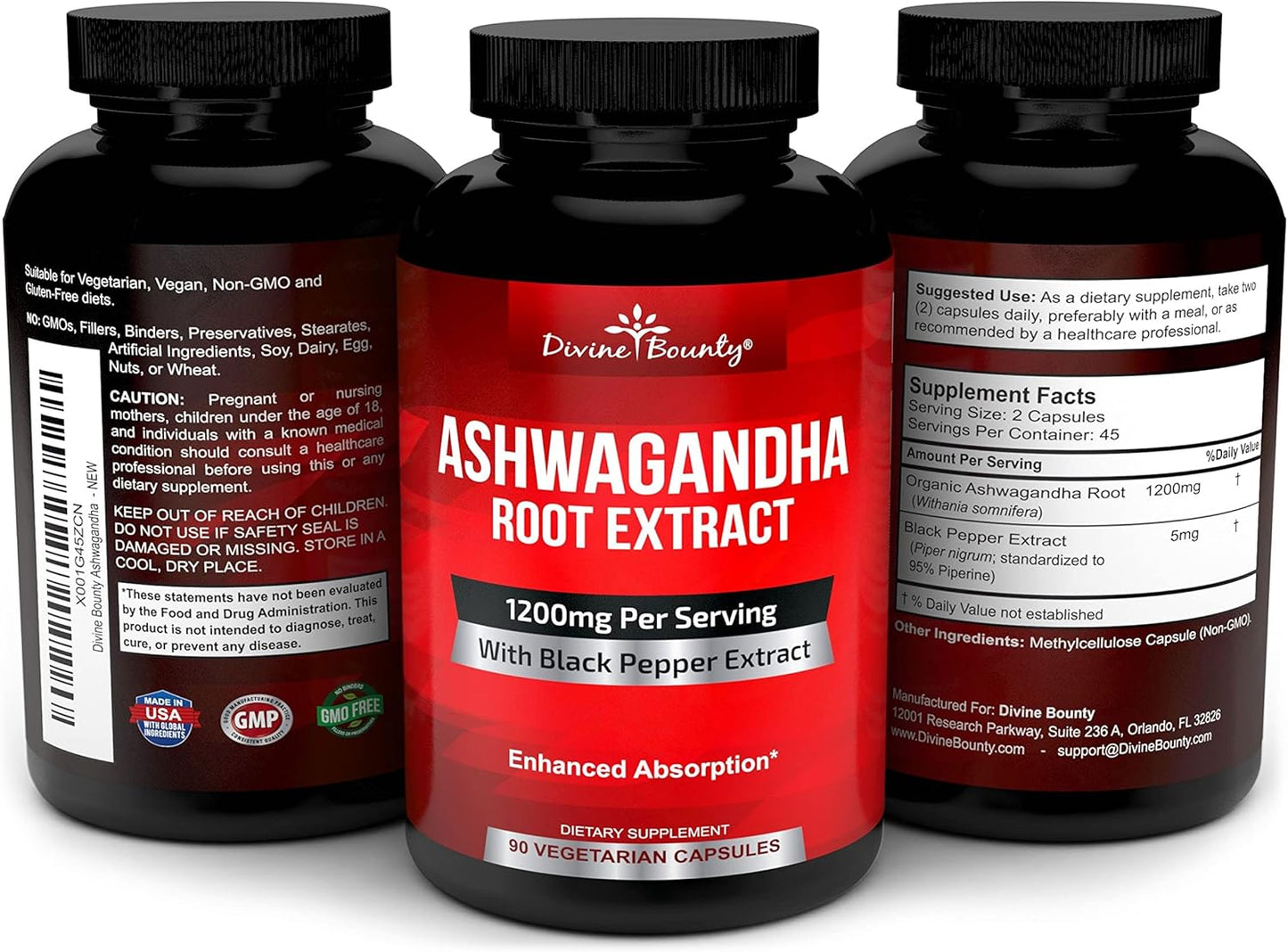 Organic Ashwagandha Capsules - 1200mg Powder with Black Pepper for Enhanced Absorption - Calmness & Mood Support - 90 Veggie Capsules by Divine Bounty
