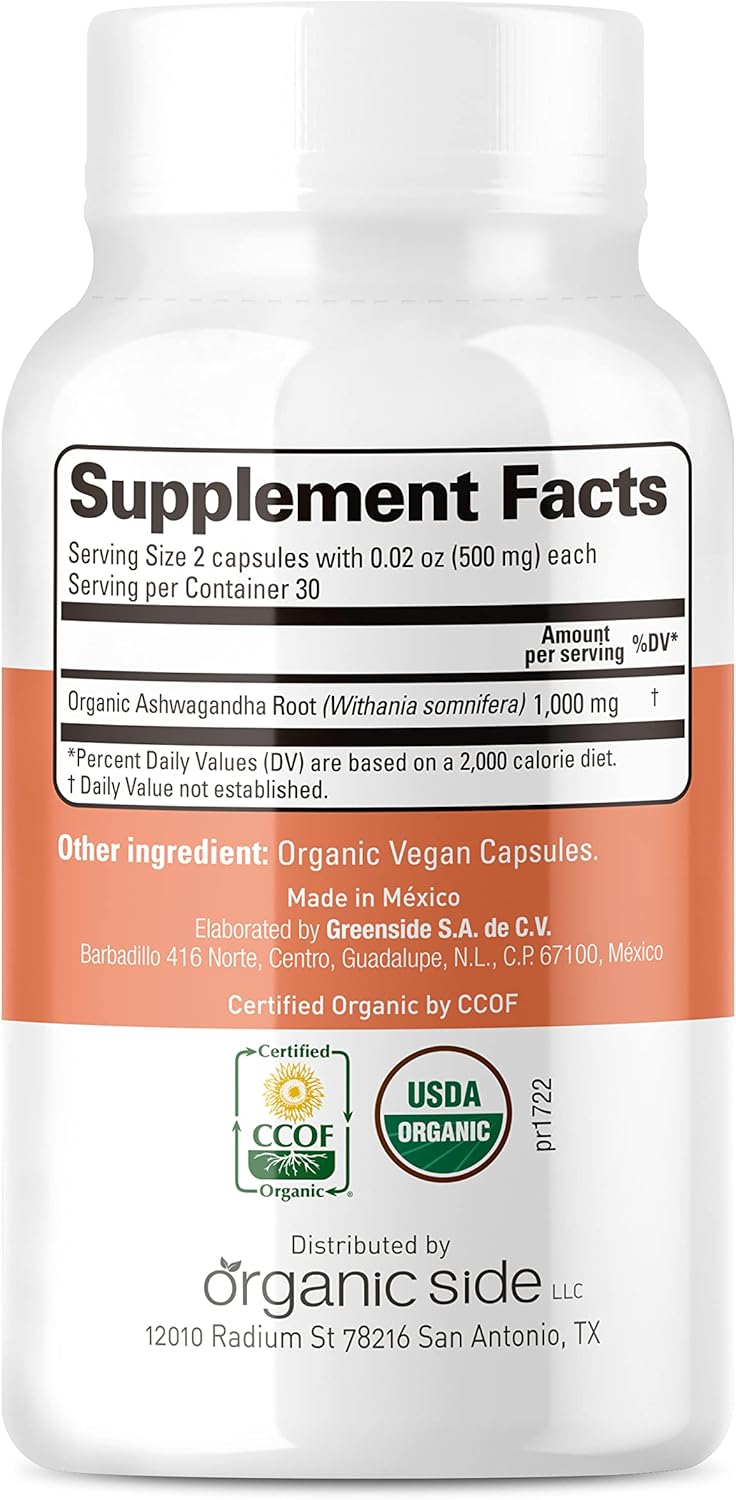 Organic Ashwagandha Capsules - 60 Count, 1,000mg Pure Formula for Stress Relief & Mood Enhancement - Vegan, Non-GMO, Gluten-Free
