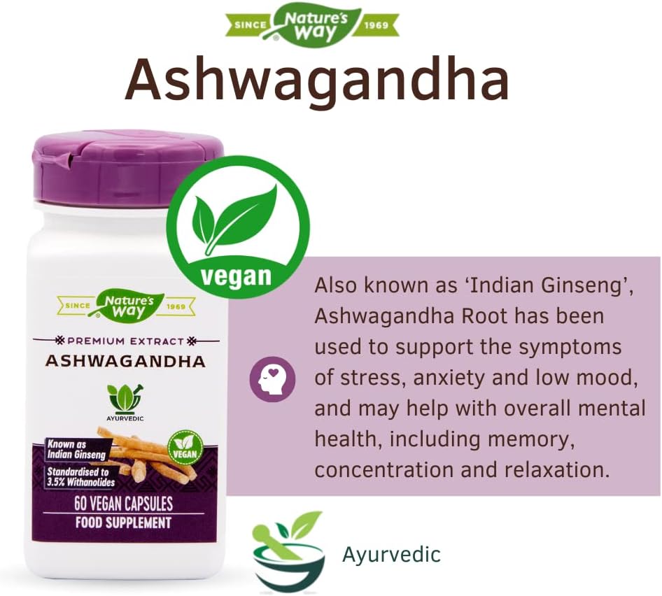 Organic Ashwagandha Capsules - 60 Vegetarian Capsules by Nature's Way