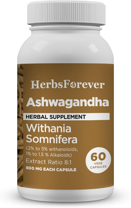 Organic Ashwagandha Capsules 800mg - Withannolides 5% & Alkaloids 1.5% - Energy & Performance Boost - 60 Vegetarian Capsules