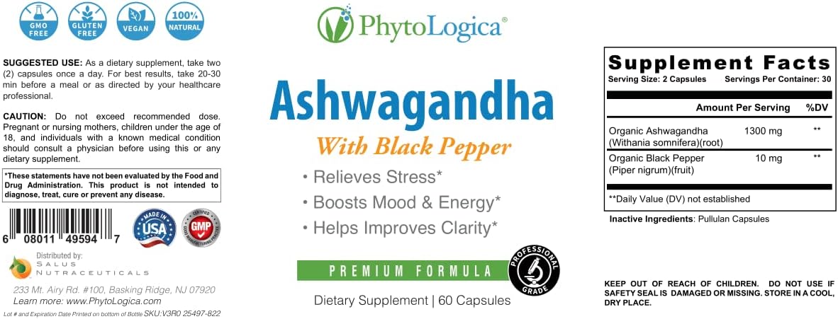 Organic Ashwagandha Capsules with Black Pepper | Hormone Support | Non-GMO, Gluten-Free, Vegan | Natural Supplement | 60 Capsules