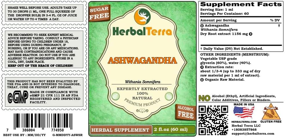 Organic Ashwagandha Glycerite Liquid Extract - Alcohol-Free 2 oz by Herbal Terra LLC