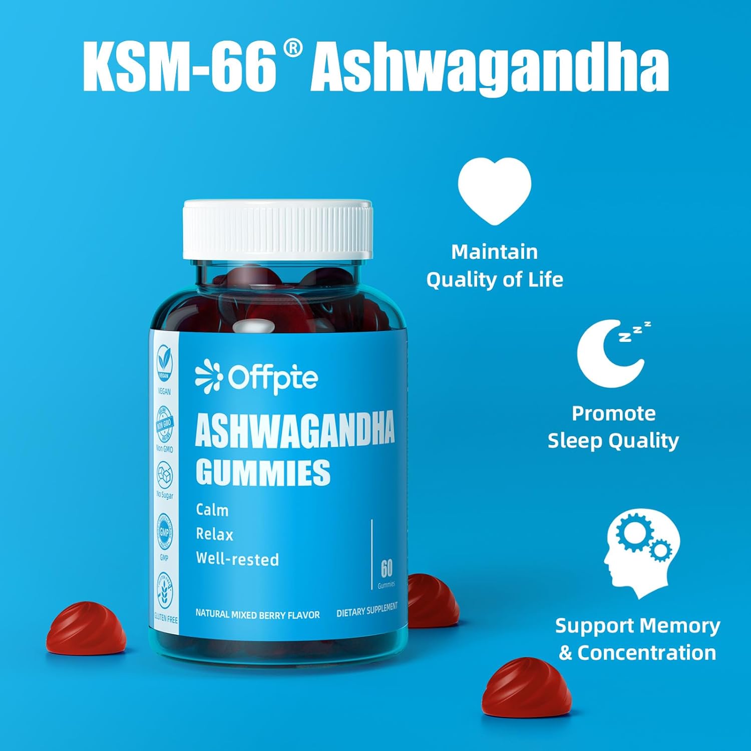 Organic Ashwagandha Gummies for Sleep, Vegan KSM-66 Extract for Men & Women, Mixed Berry Chewable Supplement