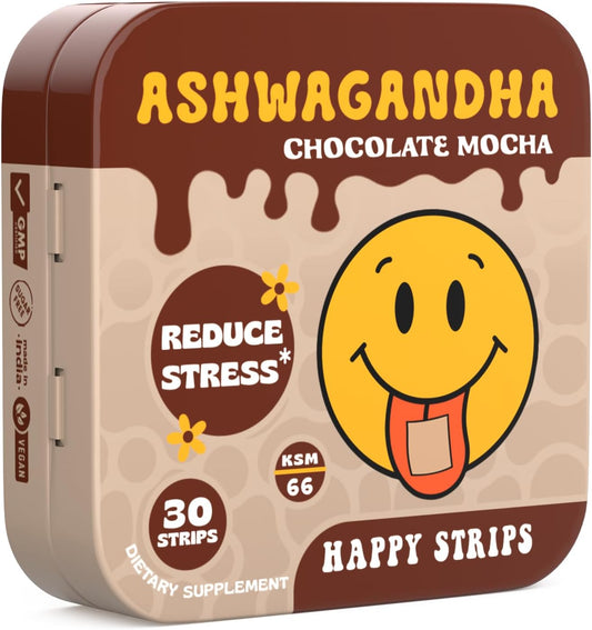 Organic Ashwagandha KSM 66 & GABA Strips for Stress Relief, Sleep - Fast-Acting, Vegan, Sugar-Free - 30 Count