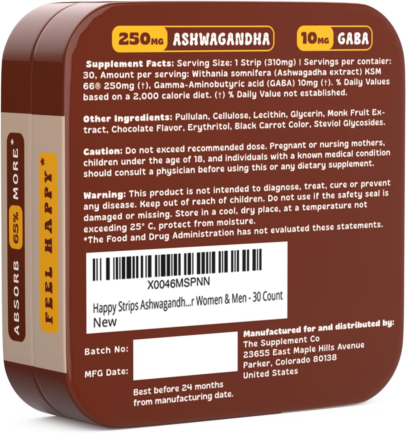 Organic Ashwagandha KSM 66 & GABA Strips for Stress Relief, Sleep - Fast-Acting, Vegan, Sugar-Free - 30 Count