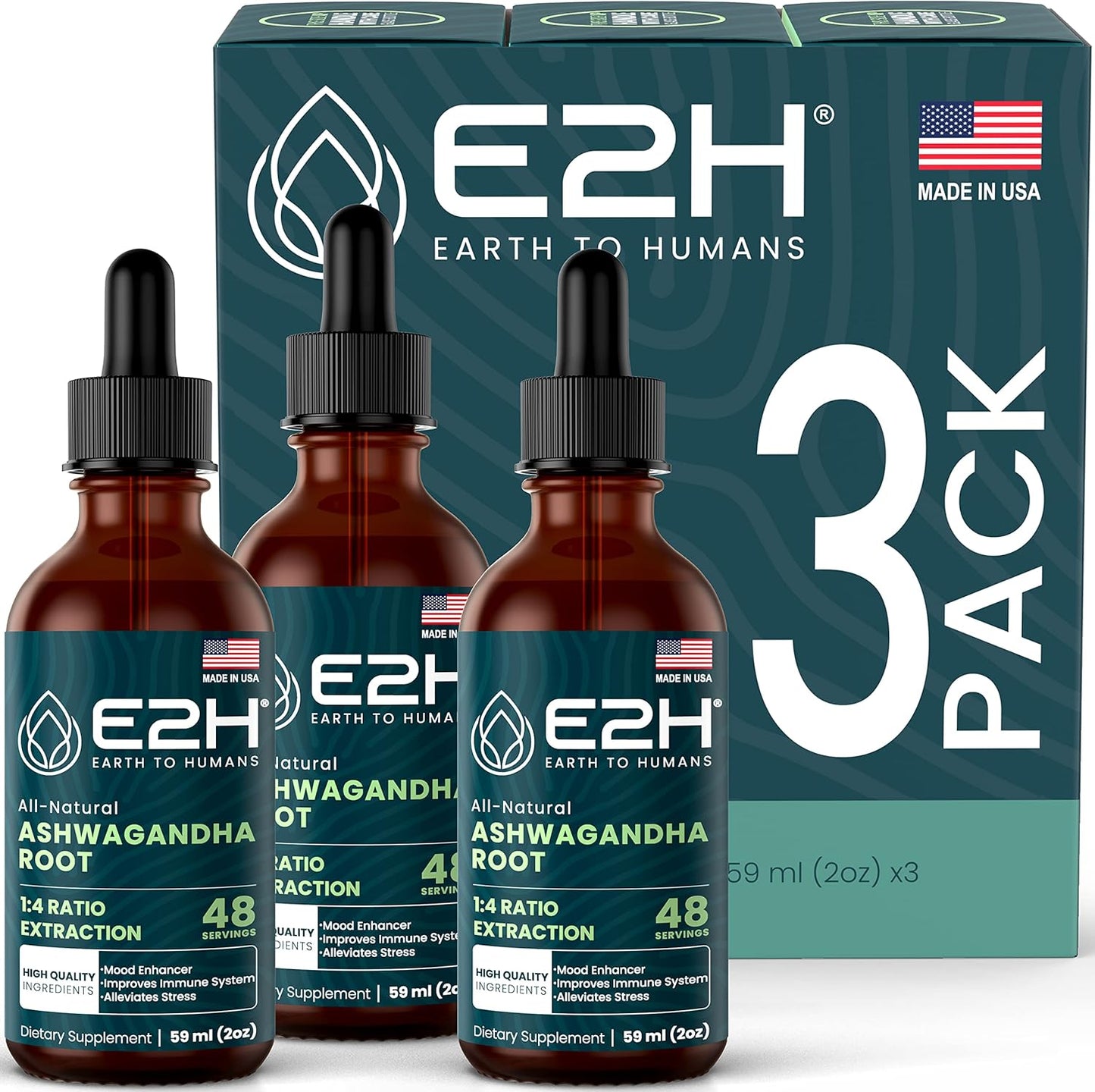 Organic Ashwagandha Liquid Drops for Stress Relief and Mood Enhancement - Natural Cortisol Manager, Non-GMO Vegan Supplement (3 Bottles)