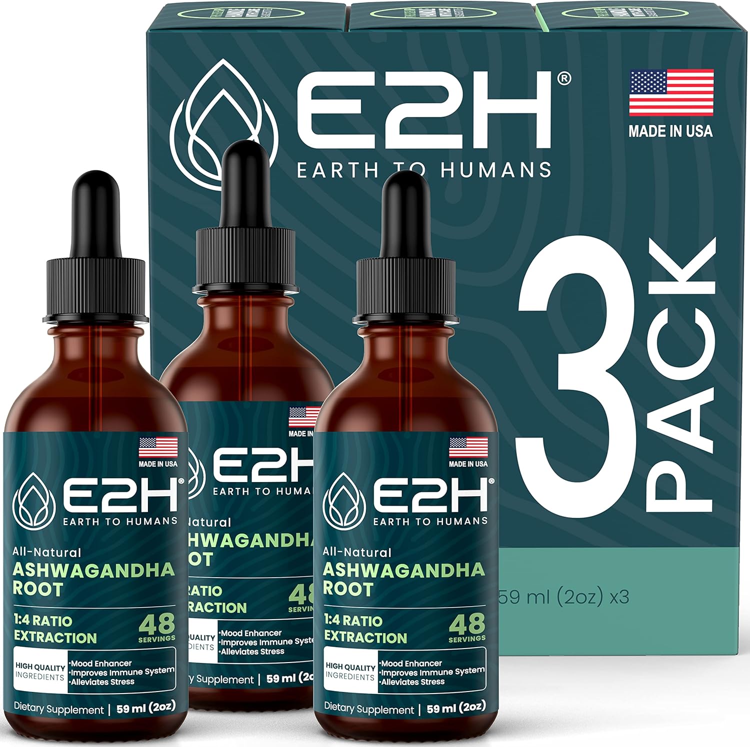 Organic Ashwagandha Liquid Drops for Stress Relief and Mood Enhancement - Natural Cortisol Manager, Non-GMO Vegan Supplement (3 Bottles)