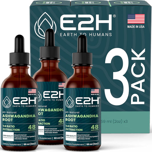 Organic Ashwagandha Liquid Drops for Stress Relief and Mood Enhancement - Natural Cortisol Manager, Non-GMO Vegan Supplement (3 Bottles)
