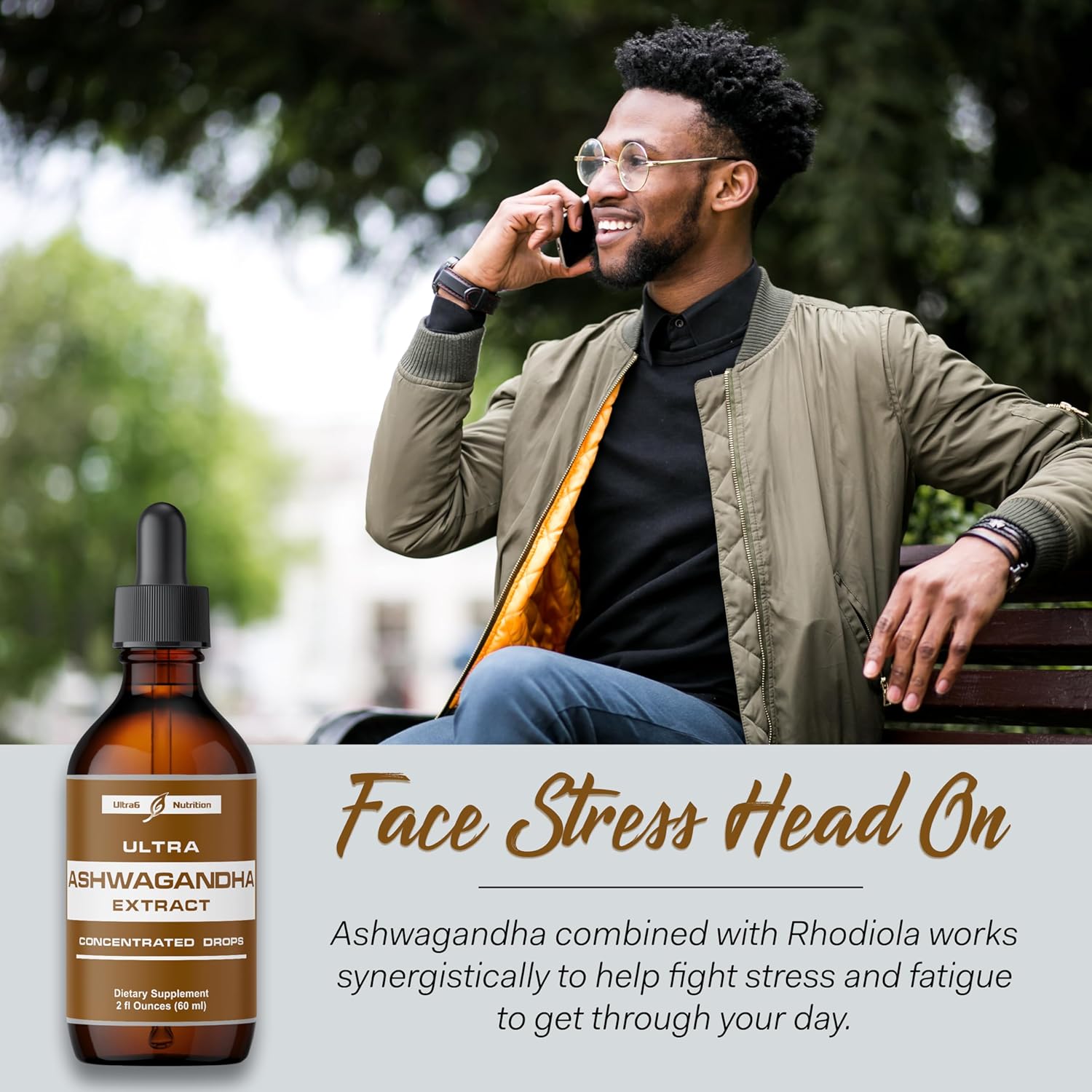 Organic Ashwagandha Liquid Drops with Rhodiola Rosea - Mood & Energy Supplement for Men & Women by Ultra6 Nutrition