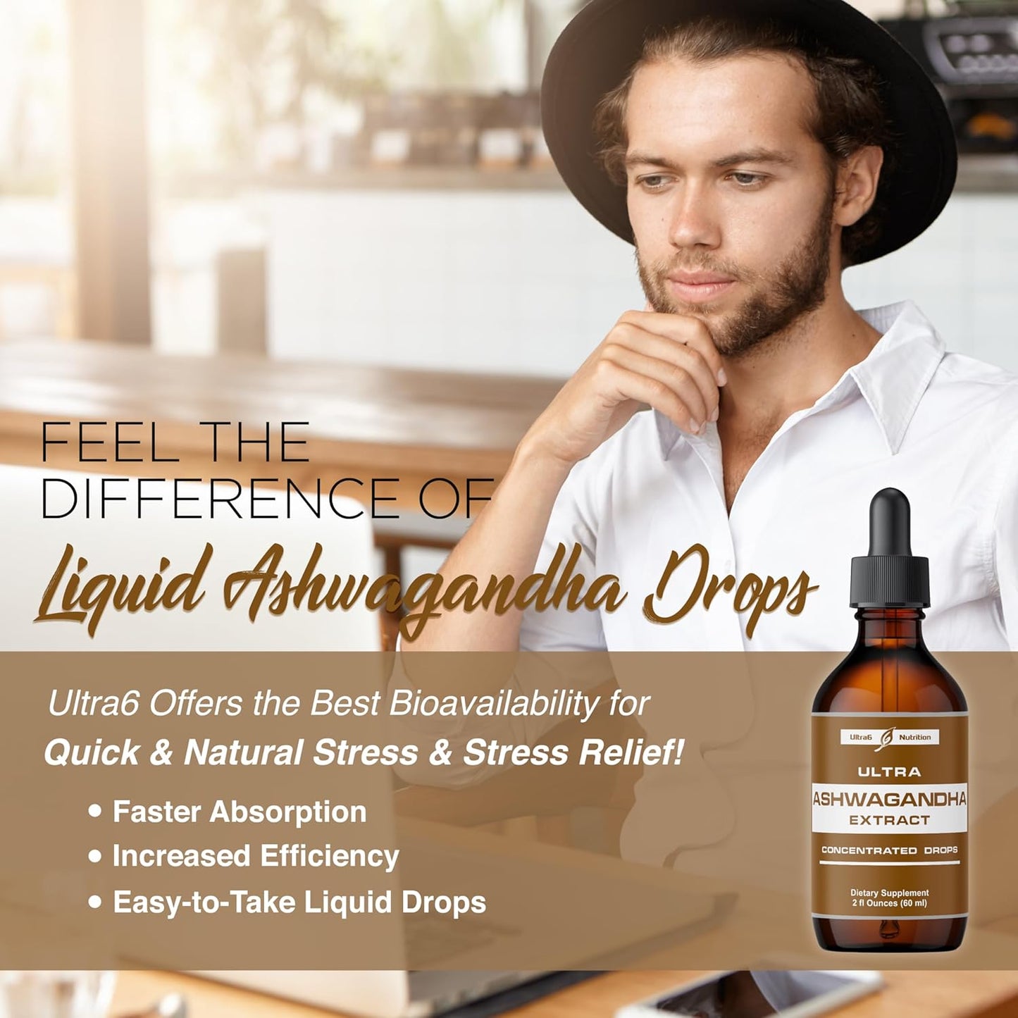 Organic Ashwagandha Liquid Drops with Rhodiola Rosea - Mood & Energy Supplement for Men & Women by Ultra6 Nutrition