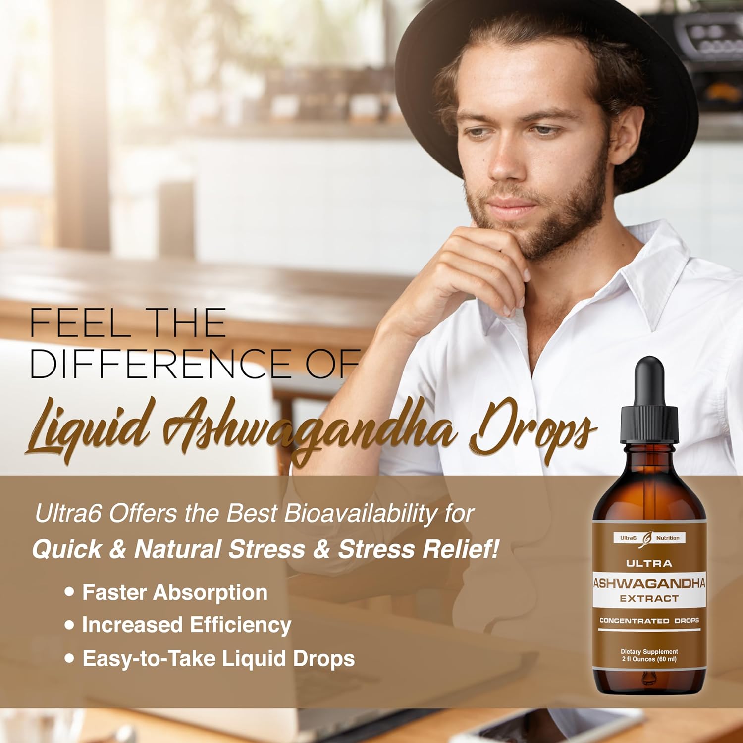 Organic Ashwagandha Liquid Drops with Rhodiola Rosea - Mood & Energy Supplement for Men & Women by Ultra6 Nutrition