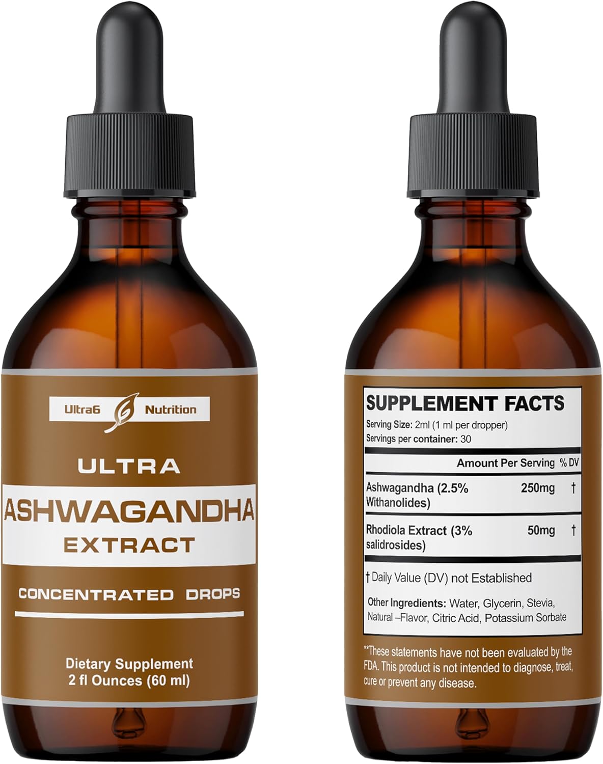 Organic Ashwagandha Liquid Drops with Rhodiola Rosea - Mood & Energy Supplement for Men & Women by Ultra6 Nutrition