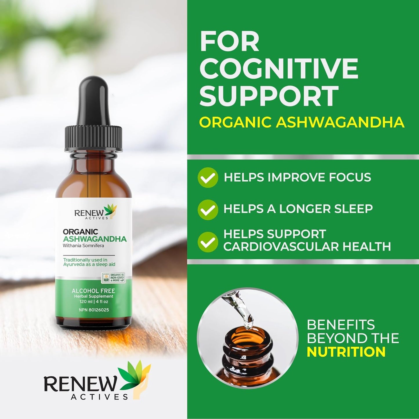 Organic Ashwagandha Liquid for Cognitive Function, Energy, Stress Reduction - 120 ml Formula for Memory, Sleep, Immune Health & Clarity
