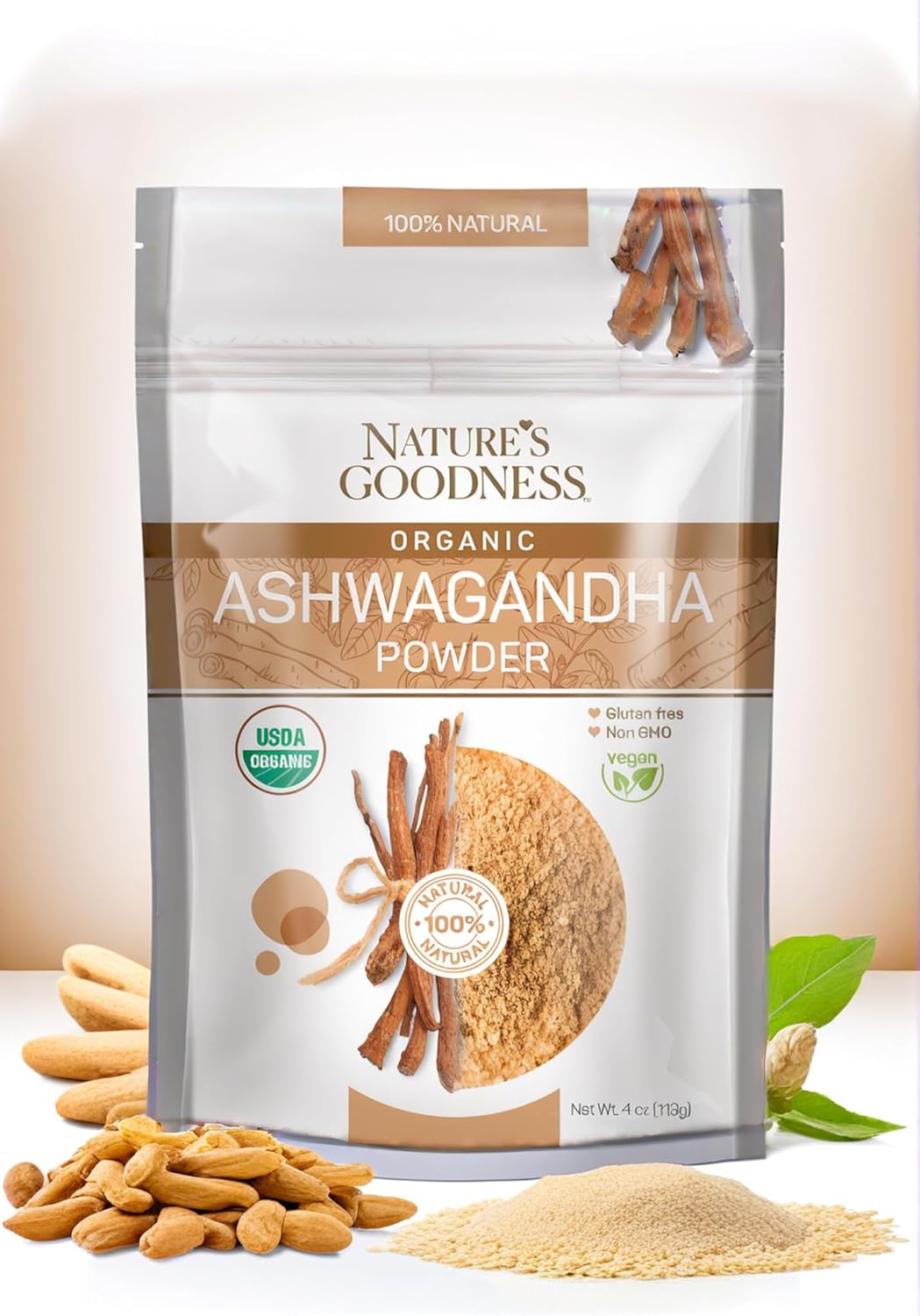 Organic Ashwagandha Powder - 22 Servings (4 oz) - Superfood Supplement from Nature's Goodness