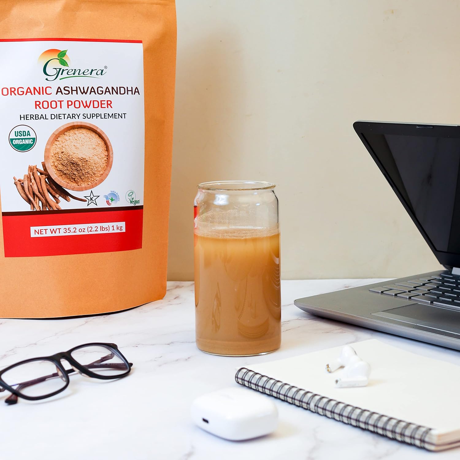 Organic Ashwagandha Powder 2.2 lbs (35.2 Ounce) - Vegan, Kosher Certified by Grenera