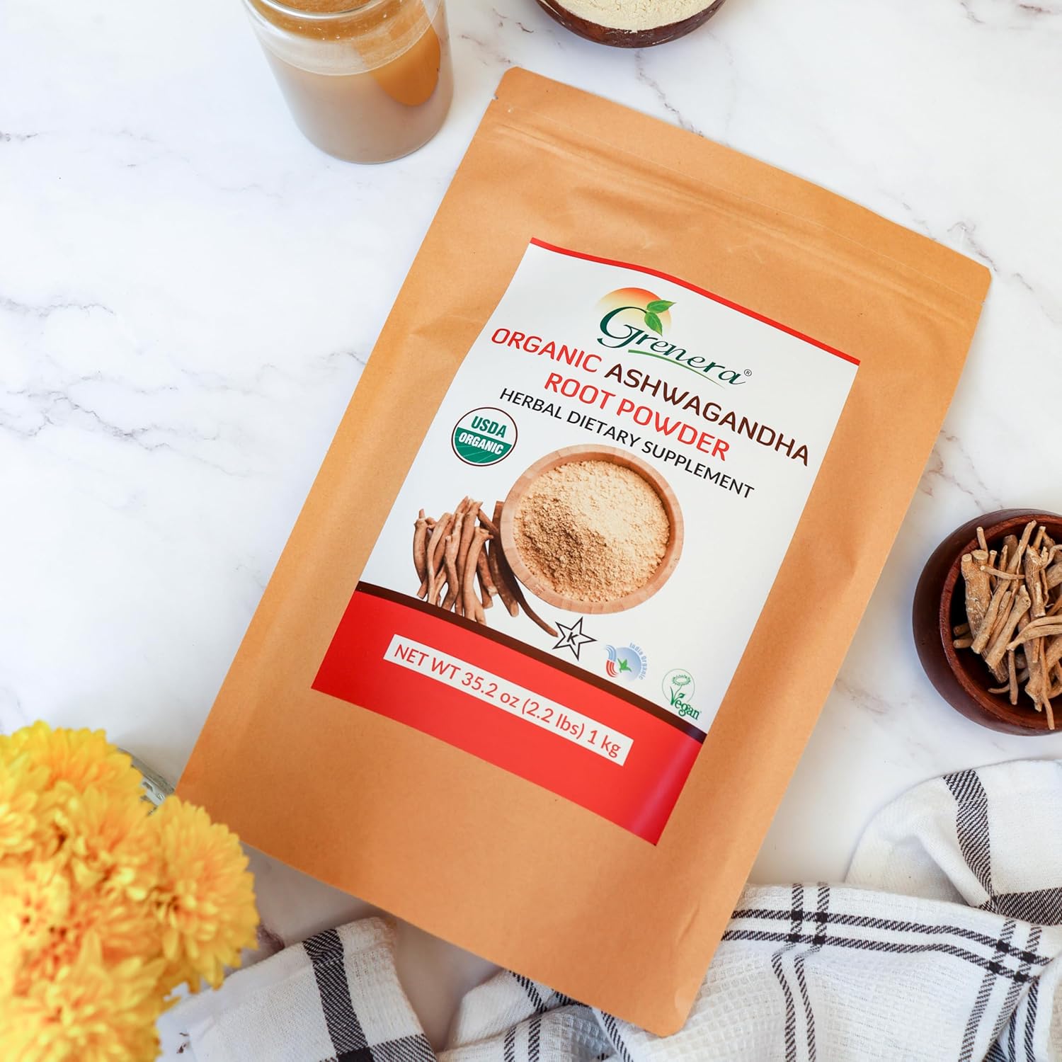 Organic Ashwagandha Powder 2.2 lbs (35.2 Ounce) - Vegan, Kosher Certified by Grenera