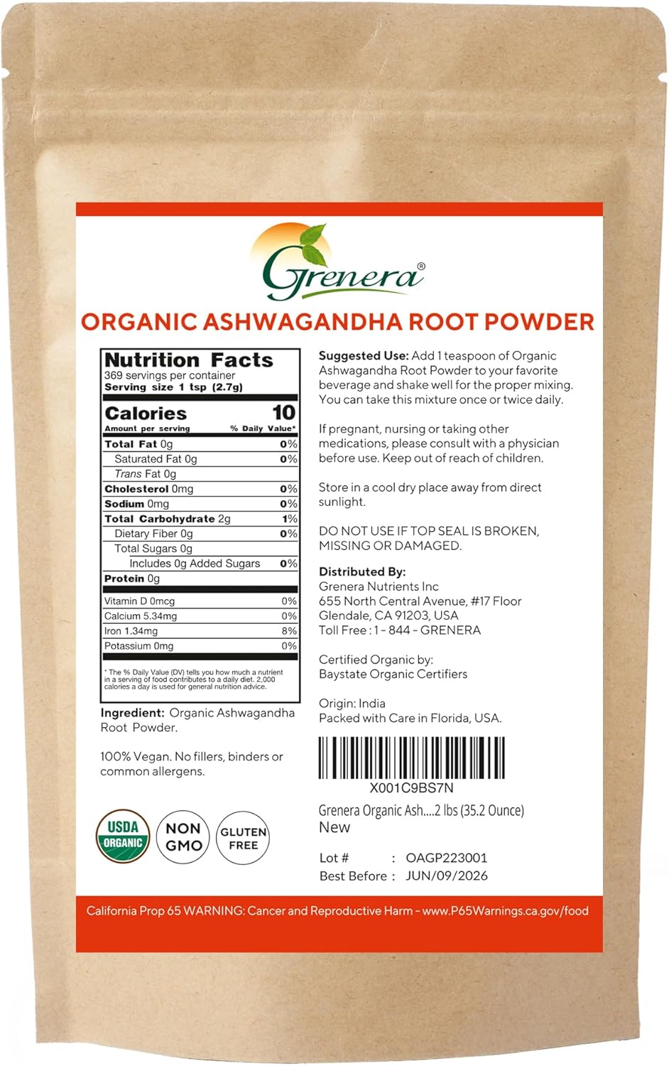 Organic Ashwagandha Powder 2.2 lbs (35.2 Ounce) - Vegan, Kosher Certified by Grenera