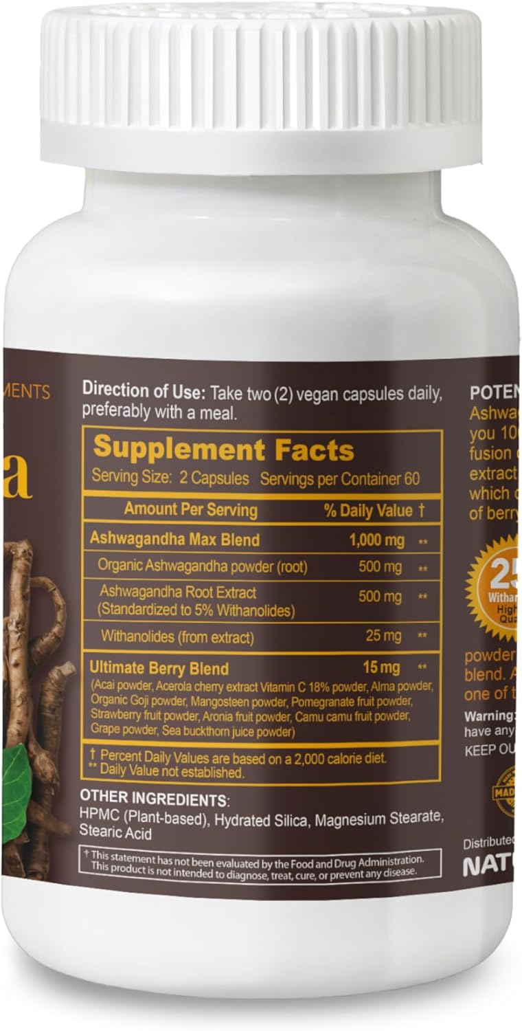 Organic Ashwagandha Powder Capsules with Berry Blend for Relaxation, Stress Relief, Sleep - 120 Vegan Capsules