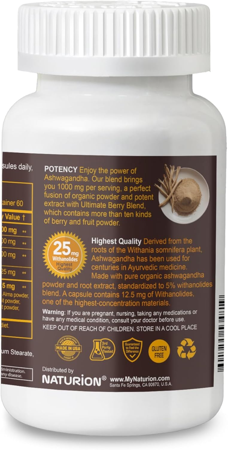 Organic Ashwagandha Powder Capsules with Berry Blend for Relaxation, Stress Relief, Sleep - 120 Vegan Capsules