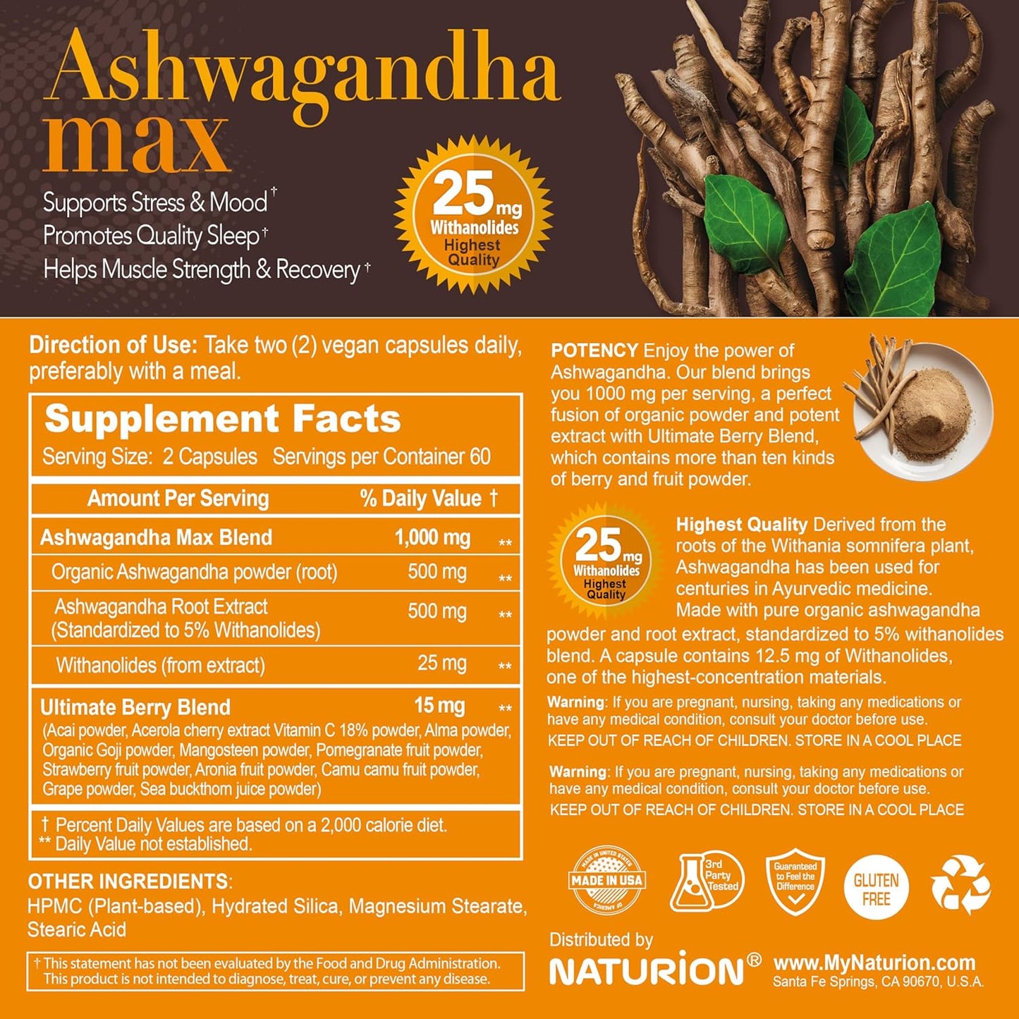 Organic Ashwagandha Powder Capsules with Berry Blend for Relaxation, Stress Relief, Sleep - 120 Vegan Capsules