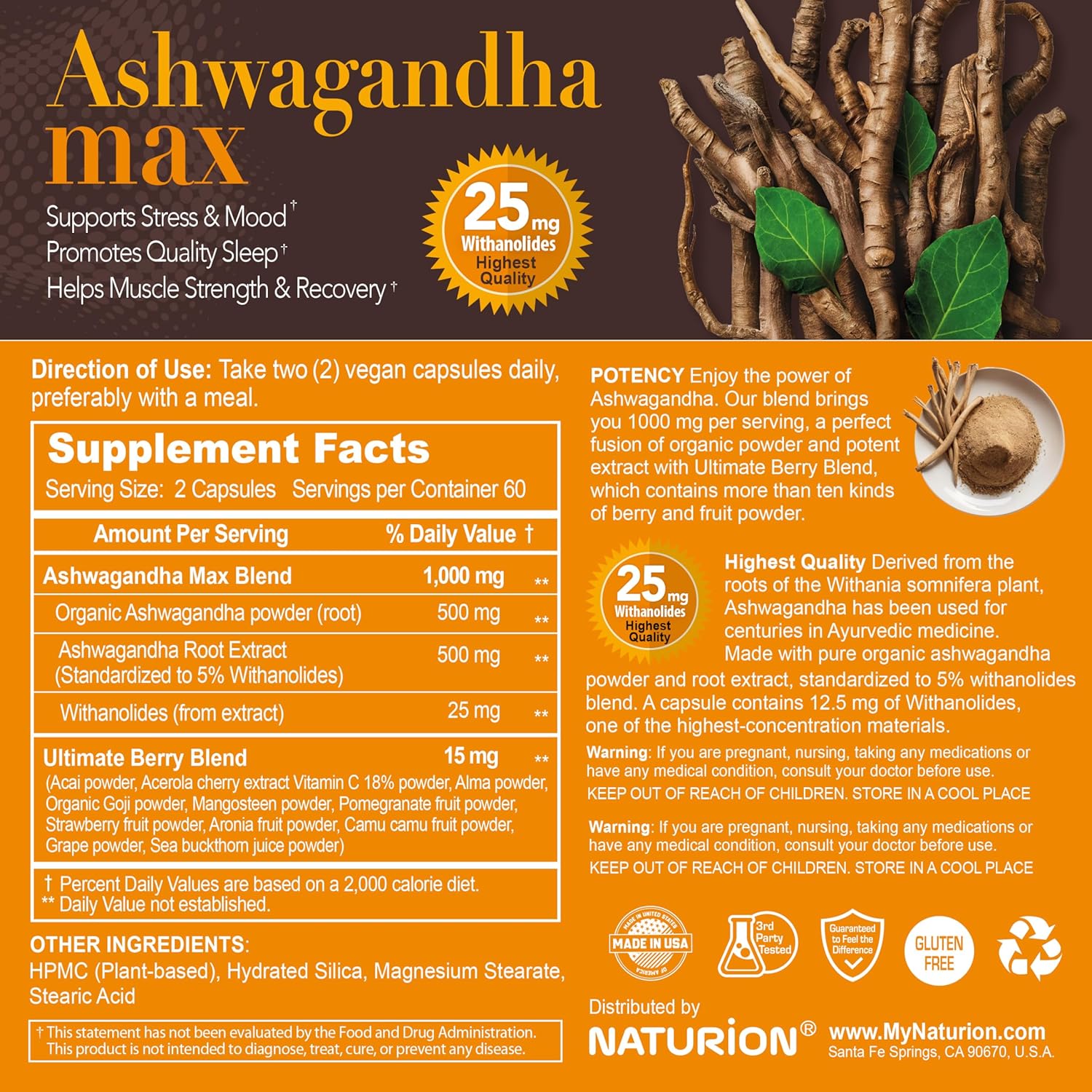 Organic Ashwagandha Powder Capsules with Berry Blend for Relaxation, Stress Relief, Sleep - 120 Vegan Capsules