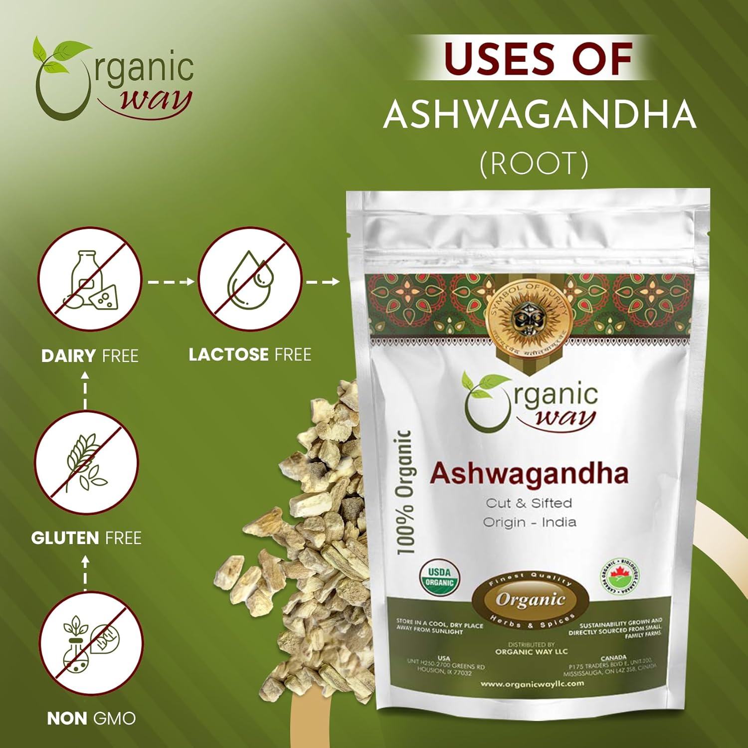 Organic Ashwagandha Root Cut & Sifted - USDA Certified, Vegan, Non-GMO, Gluten-Free - 1/4LBS/4Oz - India Origin