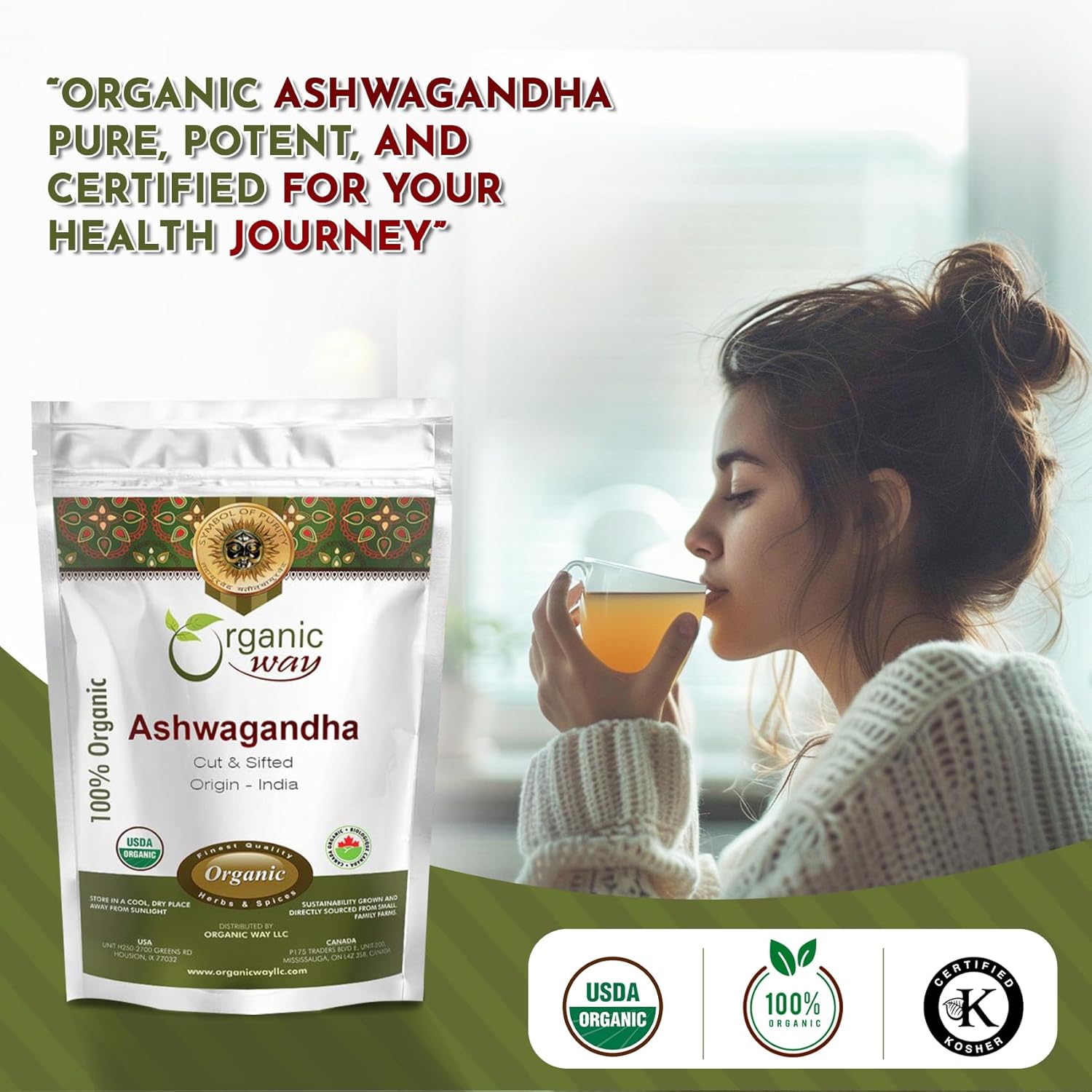 Organic Ashwagandha Root Cut & Sifted - USDA Certified, Vegan, Non-GMO, Gluten-Free - 1/4LBS/4Oz - India Origin