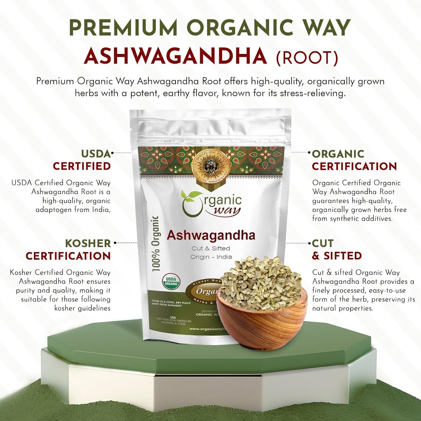 Organic Ashwagandha Root Cut & Sifted - USDA Certified, Vegan, Non-GMO, Gluten-Free - 1/4LBS/4Oz - India Origin