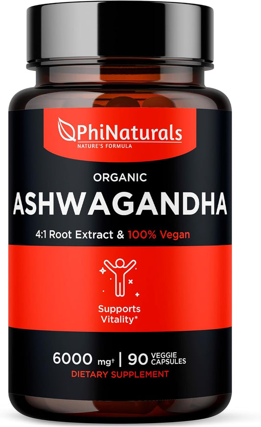 Organic Ashwagandha Root Extract Capsules - 6000mg Equivalent, 1500mg Per Serving, 30 Servings - Vegan Supplement for Men and Women - 90 Count