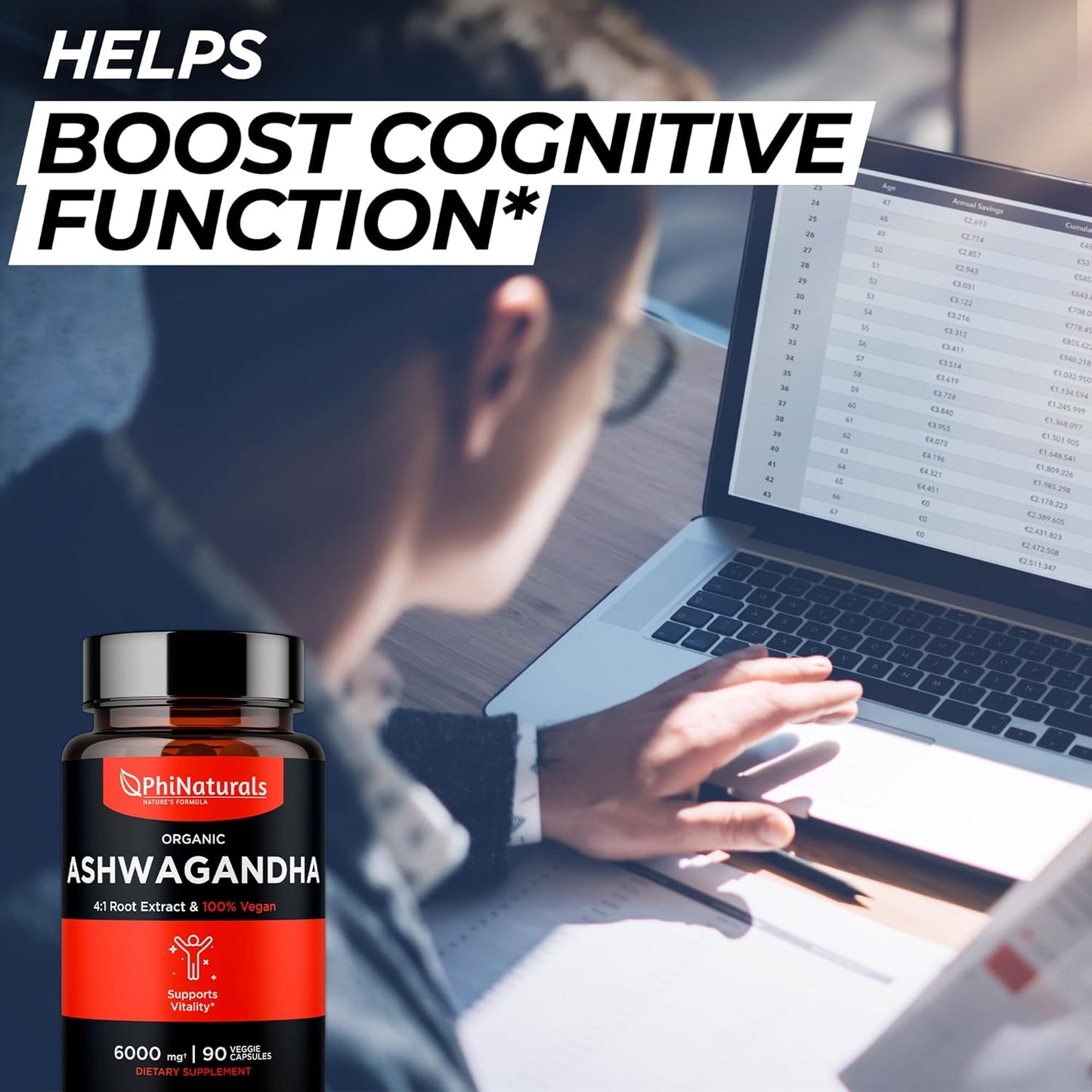 Organic Ashwagandha Root Extract Capsules - 6000mg Equivalent, 1500mg Per Serving, 30 Servings - Vegan Supplement for Men and Women - 90 Count