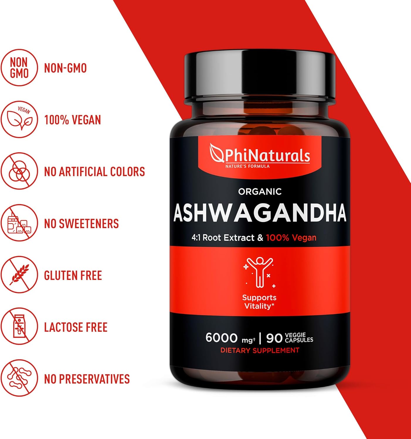 Organic Ashwagandha Root Extract Capsules - 6000mg Equivalent, 1500mg Per Serving, 30 Servings - Vegan Supplement for Men and Women - 90 Count