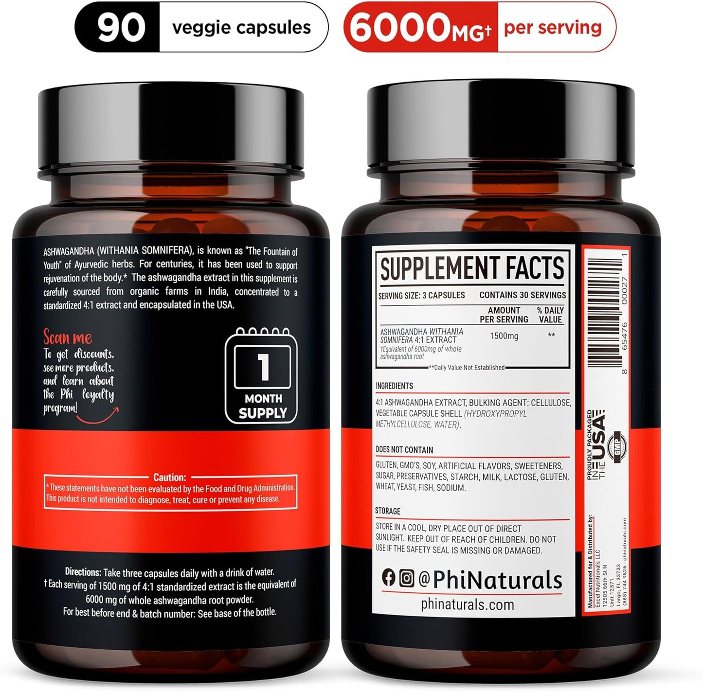 Organic Ashwagandha Root Extract Capsules - 6000mg Equivalent, 1500mg Per Serving, 30 Servings - Vegan Supplement for Men and Women - 90 Count