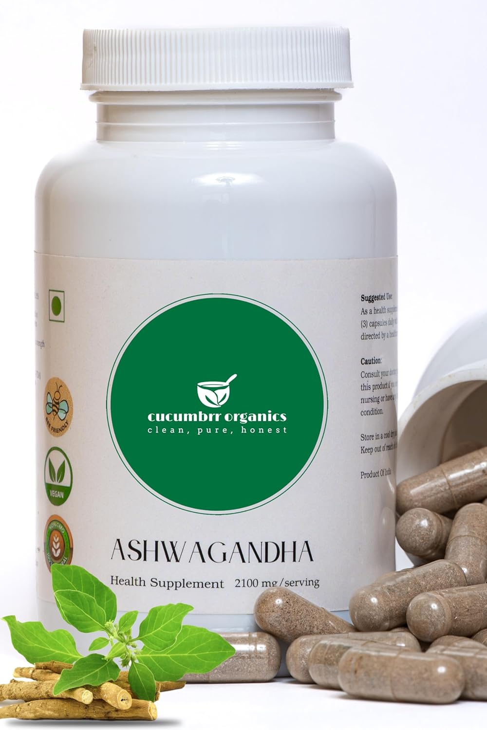 Organic Ashwagandha Root Extract Supplement - 90 Capsules by Cucumbrr Organics