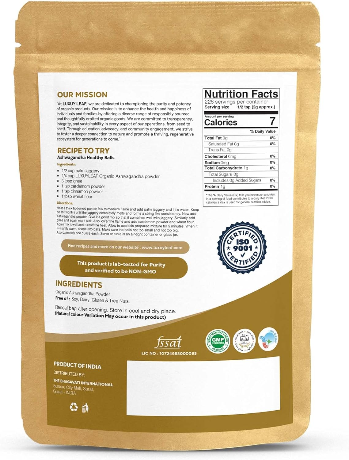 Organic Ashwagandha Root Powder - Non-GMO, Vegan-Friendly LuxuryLeaf for Health & Wellness