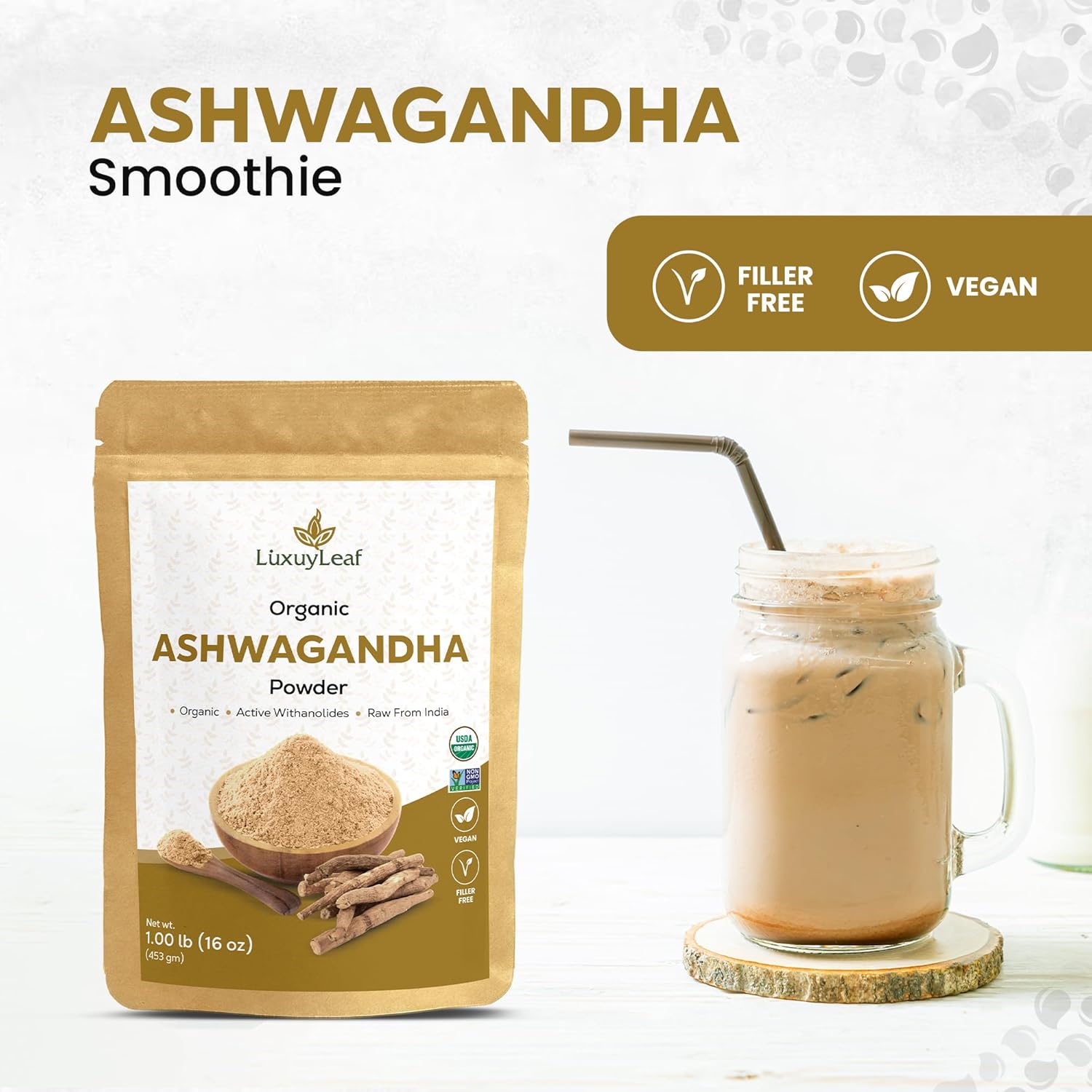Organic Ashwagandha Root Powder - Non-GMO, Vegan-Friendly LuxuryLeaf for Health & Wellness