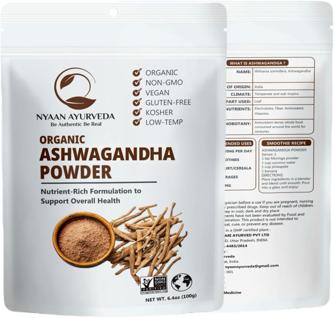 Organic Ashwagandha Root Powder for Stress Relief, Energy, Sleep, and Mood Support - 100gm Pack | Vegan, Non-GMO, Gluten-Free - Immune Health and Muscle Recovery from India