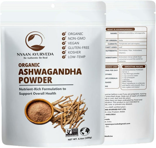 Organic Ashwagandha Root Powder for Stress Relief, Energy, Sleep, and Mood Support - 100gm Pack | Vegan, Non-GMO, Gluten-Free - Immune Health and Muscle Recovery from India