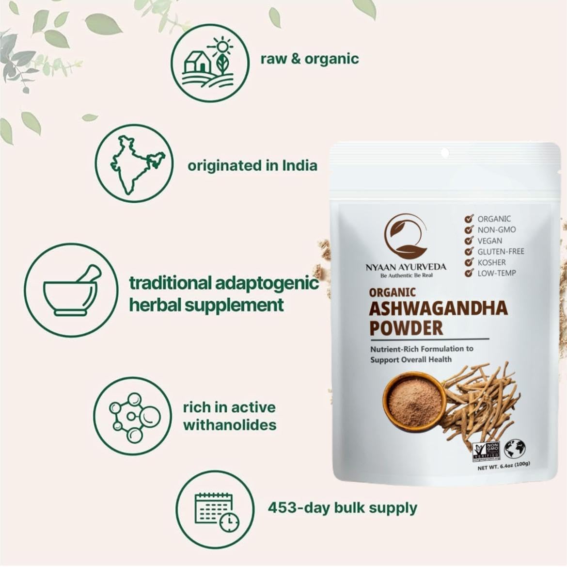 Organic Ashwagandha Root Powder for Stress Relief, Energy, Sleep, and Mood Support - 100gm Pack | Vegan, Non-GMO, Gluten-Free - Immune Health and Muscle Recovery from India