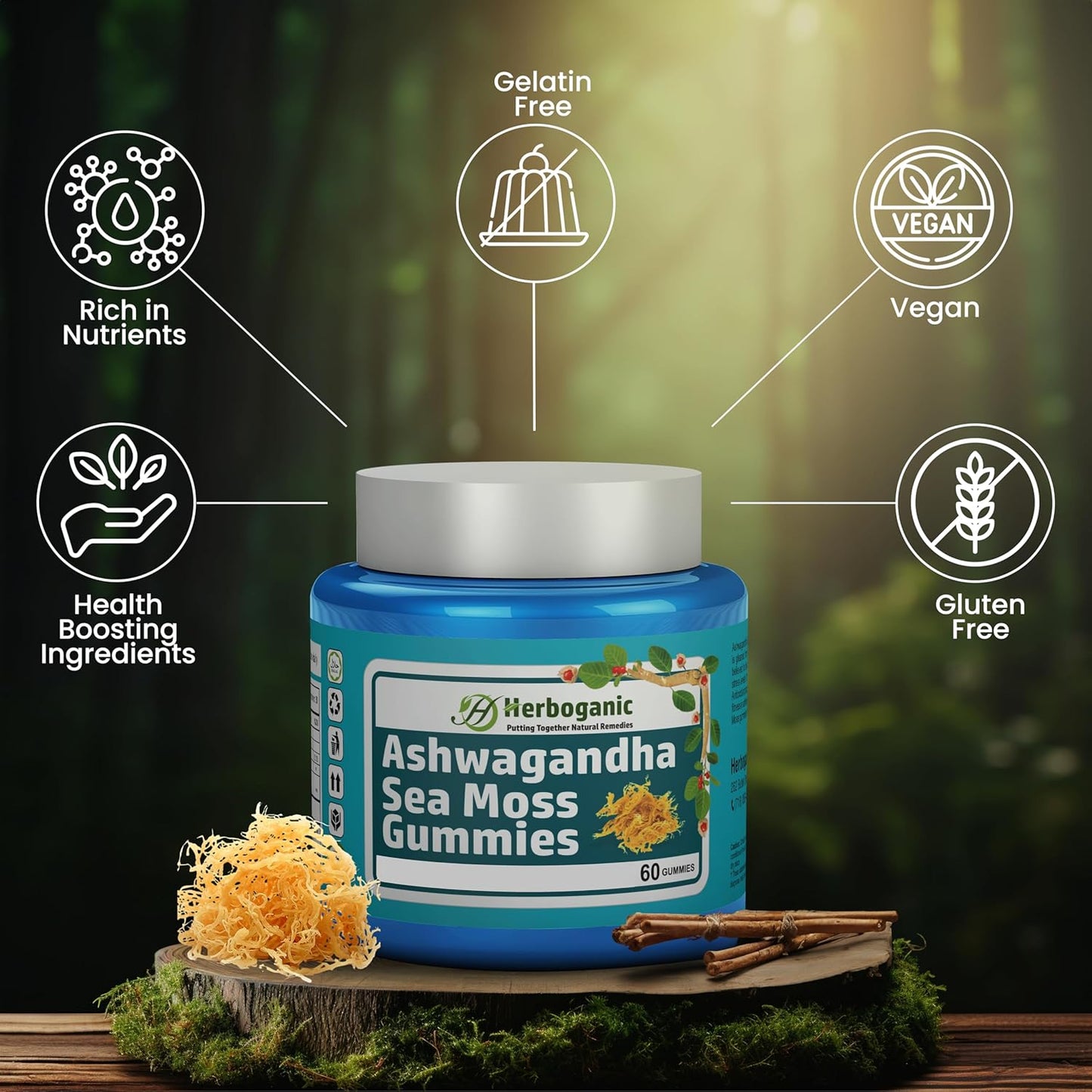 Organic Ashwagandha Sea Moss Gummies - 60 Count for Natural Wellness