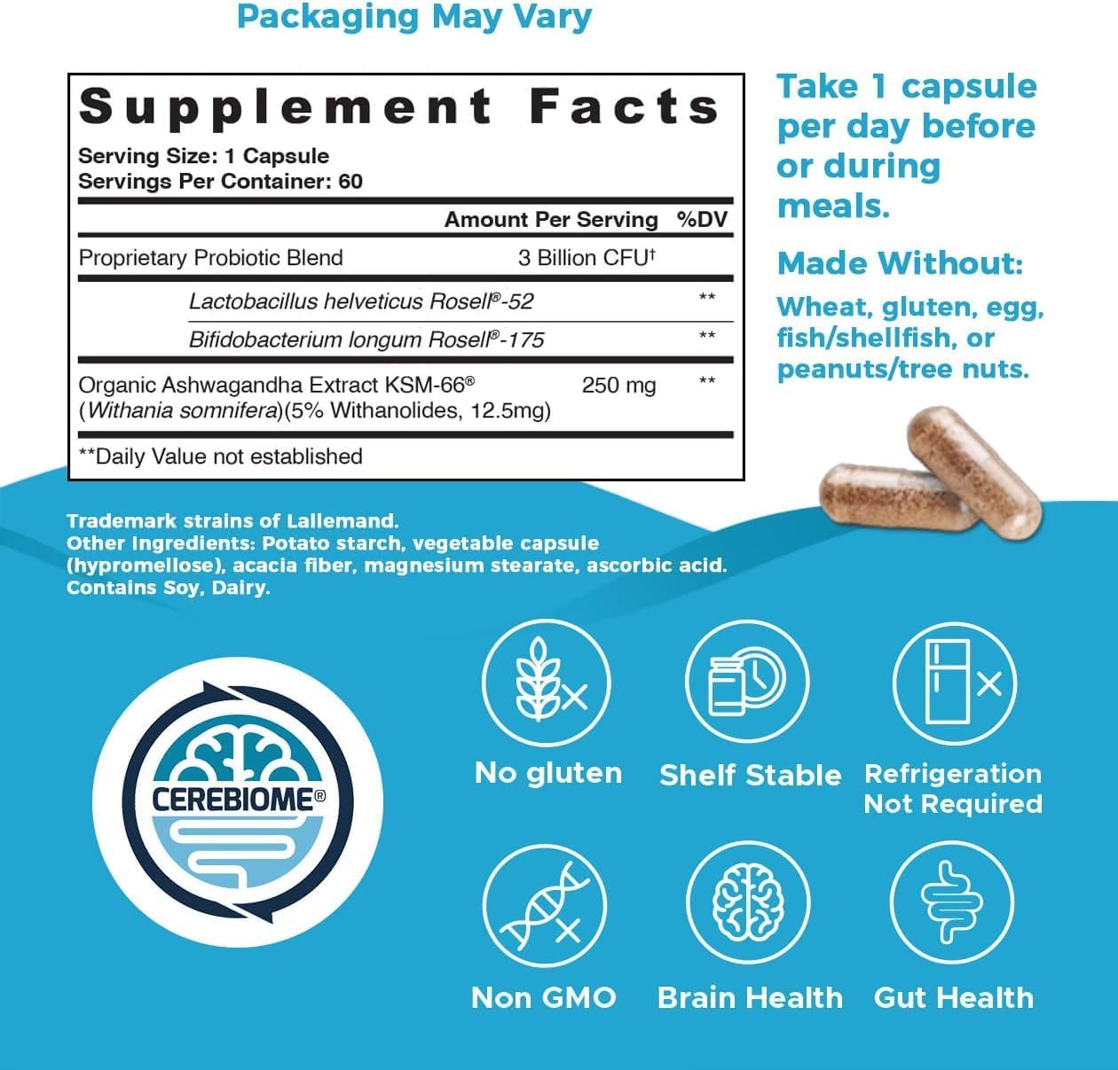 Organic Ashwagandha Stress Relief Supplement with Mood Support, Sleep Aid, Probiotics and Brain Focus - Vegan Non GMO 60 Days Supply (2 Pack)
