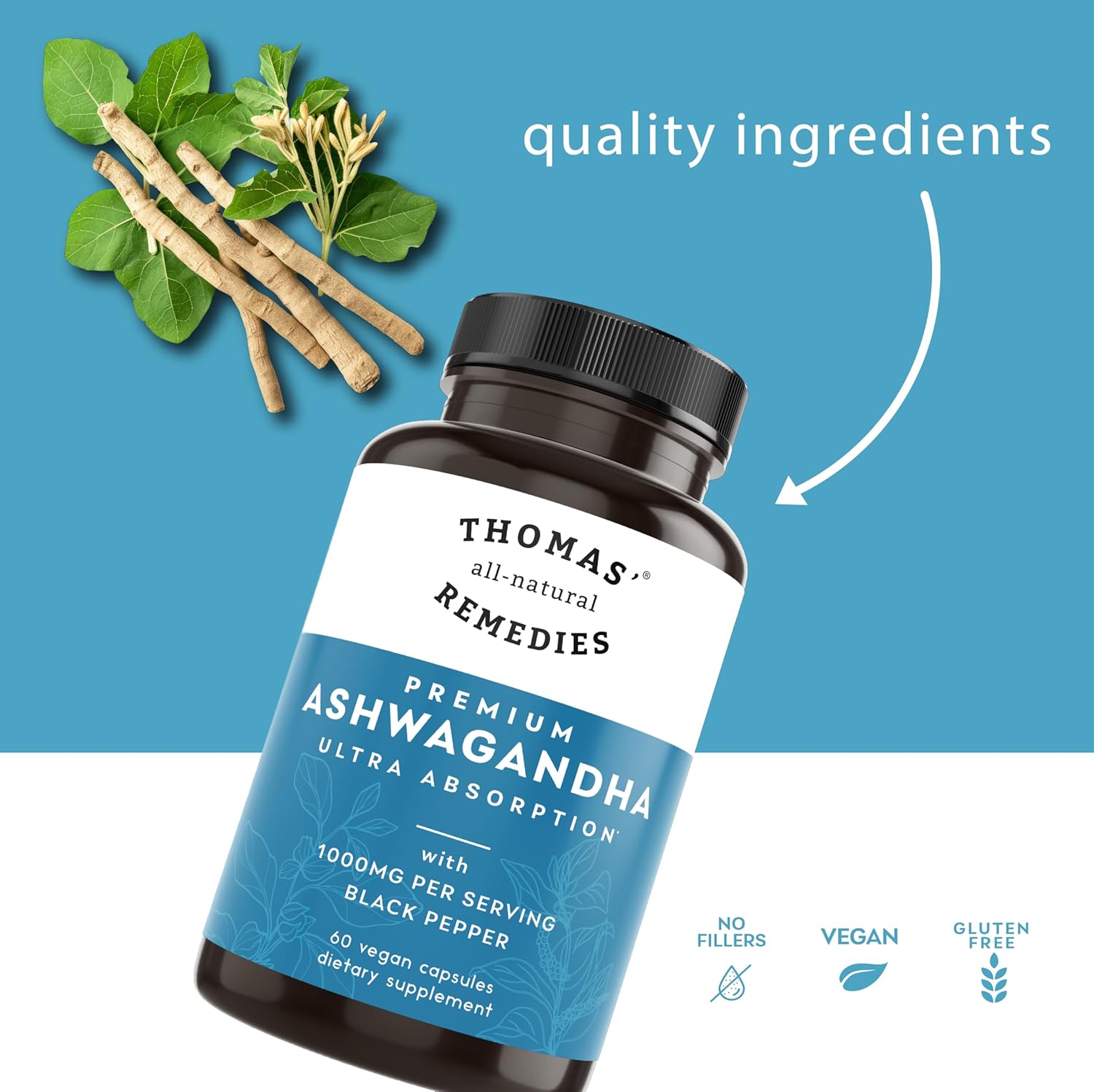 Organic Ashwagandha Stress Support Supplement - Pure 1000mg with Black Pepper for Enhanced Absorption - Vegan Formula with No Fillers - Boost Mood and Energy with Thomas' Remedies