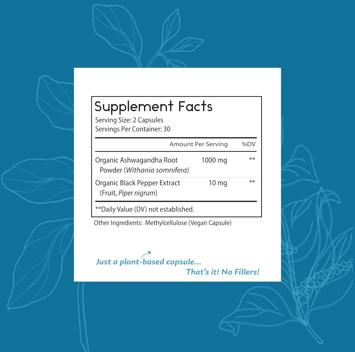 Organic Ashwagandha Stress Support Supplement - Pure 1000mg with Black Pepper for Enhanced Absorption - Vegan Formula with No Fillers - Boost Mood and Energy with Thomas' Remedies