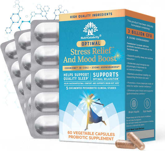 Organic Ashwagandha Supplement for Stress Relief, Mood Support, Sleep Aid, Brain Focus, Probiotics for Women, Gut Health - Vegan Non GMO Formula (60 Days)