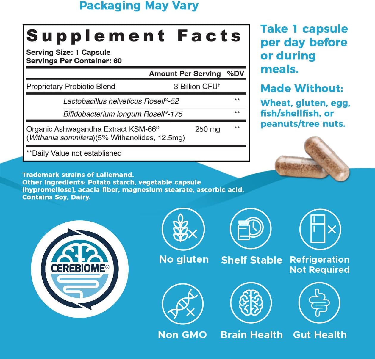 Organic Ashwagandha Supplement for Stress Relief, Mood Support, Sleep Aid, Brain Focus, Probiotics for Women, Gut Health - Vegan Non GMO Formula (60 Days)