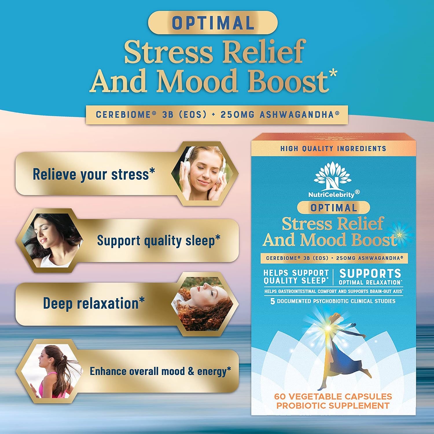 Organic Ashwagandha Supplement for Stress Relief, Mood Support, Sleep Aid, Brain Focus, Probiotics for Women, Gut Health - Vegan Non GMO Formula (60 Days)