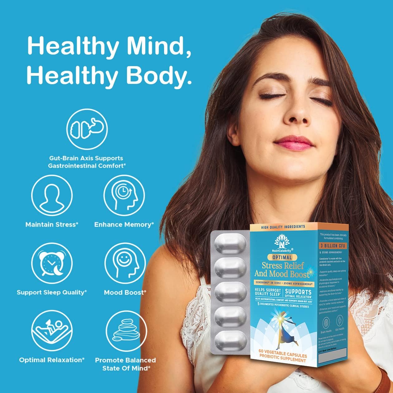Organic Ashwagandha Supplement for Stress Relief, Mood Support, Sleep Aid, Brain Focus, Probiotics for Women, Gut Health - Vegan Non GMO Formula (60 Days)