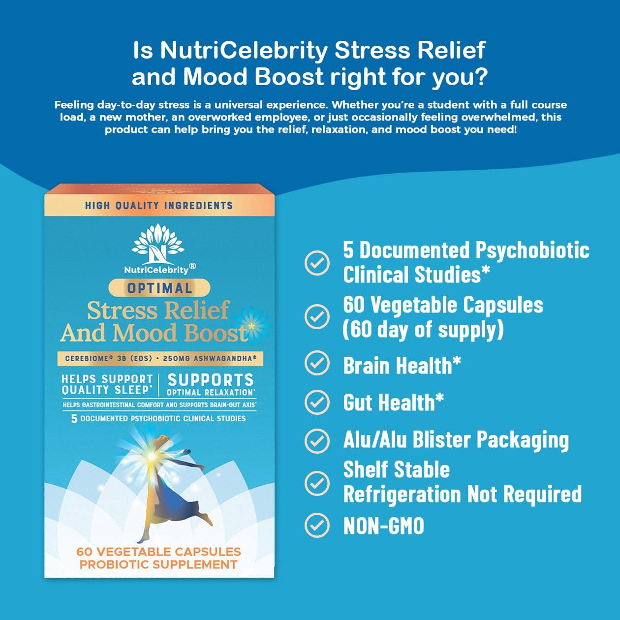Organic Ashwagandha Supplement for Stress Relief, Mood Support, Sleep Aid, Brain Focus, Probiotics for Women, Gut Health - Vegan Non GMO Formula (60 Days)