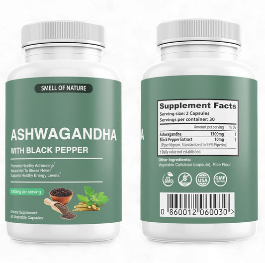 Organic Ashwagandha Supplements with Black Pepper Extract - 1300mg Pure Ashwagandha - Energy Support - 60 Capsules - Non-GMO, Gluten-Free, Vegan