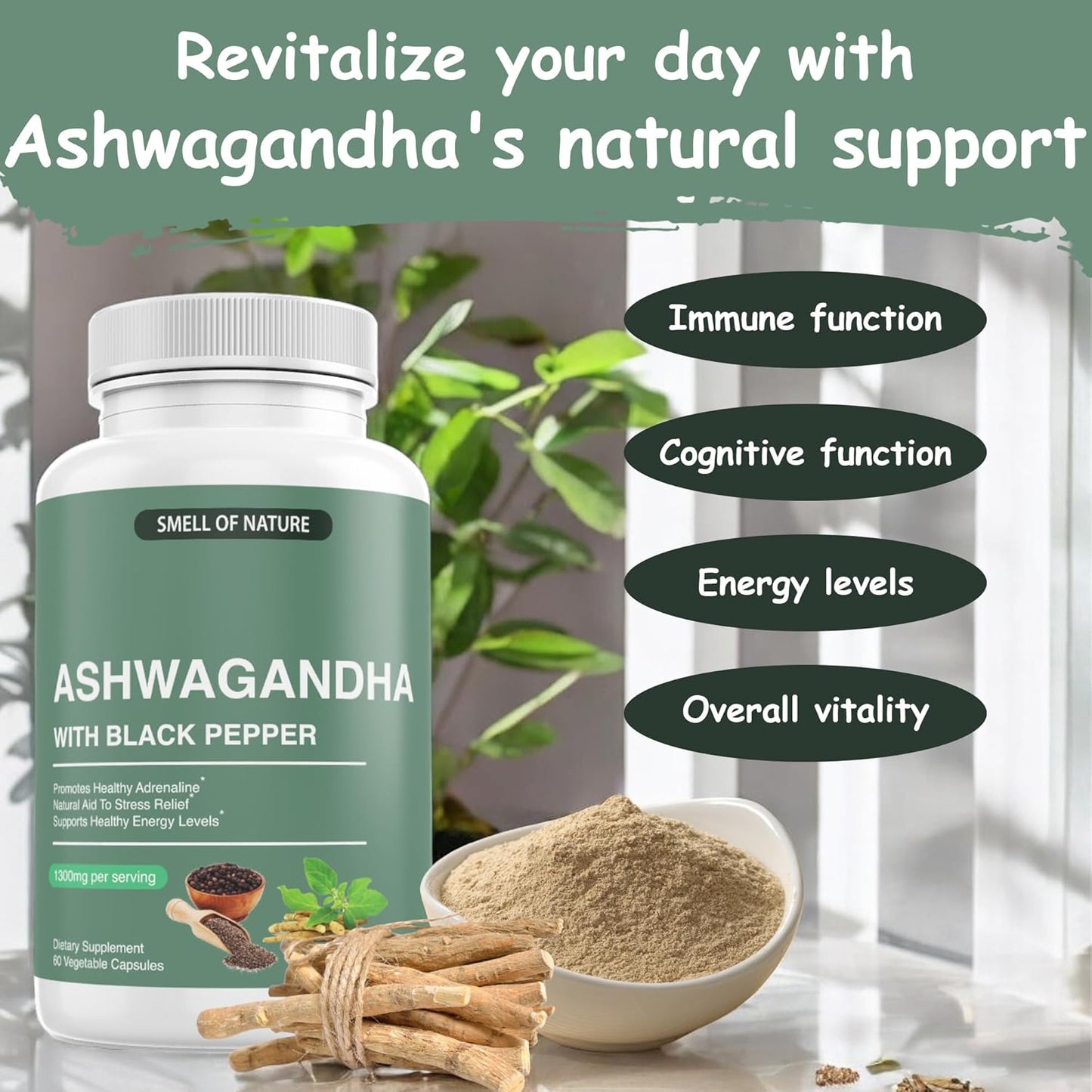 Organic Ashwagandha Supplements with Black Pepper Extract - 1300mg Pure Ashwagandha - Energy Support - 60 Capsules - Non-GMO, Gluten-Free, Vegan